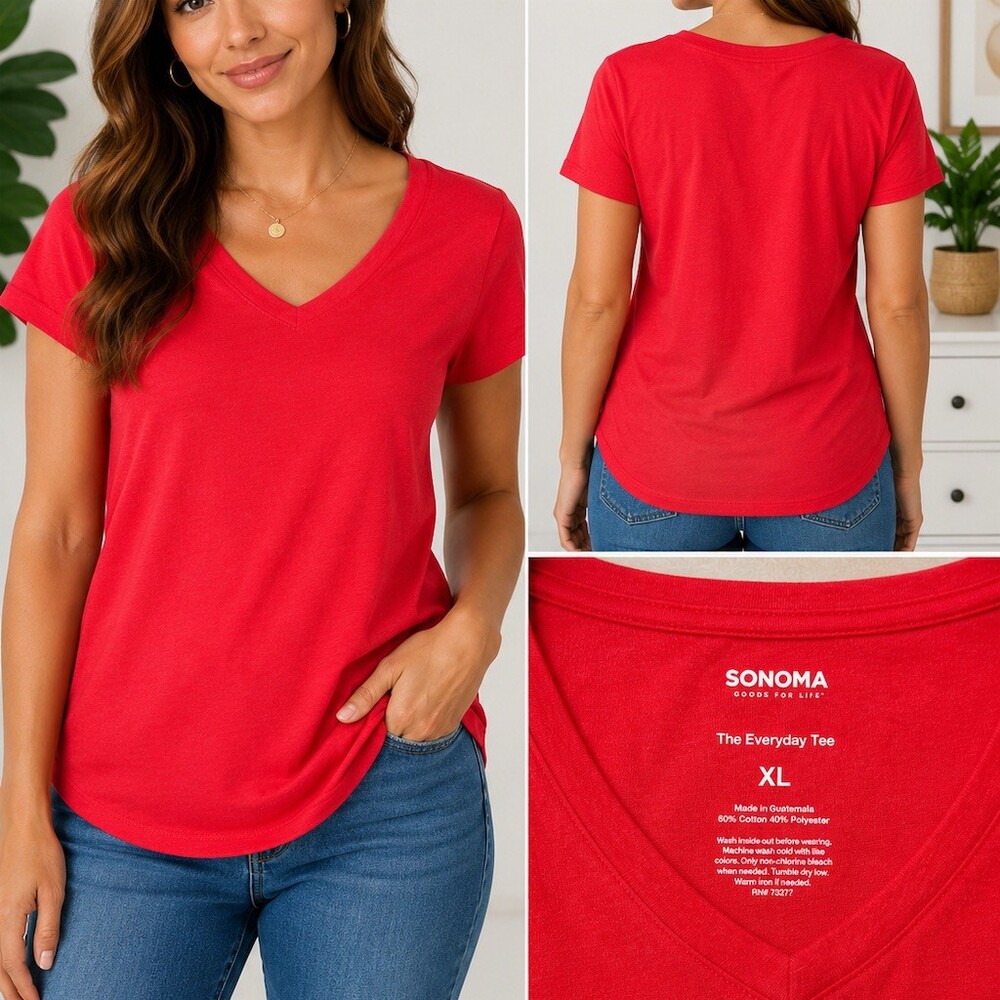 Sonoma Goods For Life Everyday Tee Womens XL Red Solid V-Neck T-Shirt